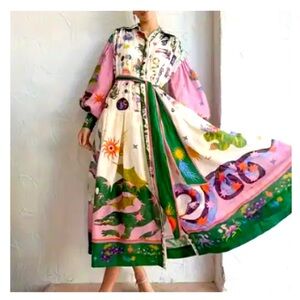 Abstract Print Long Dress, Long Sleeve Dress